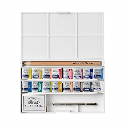 Winsor & Newton 0390060 Cotman Aquarellfarben Taschenset 16 Farben, lebendige Wasserfarben mit hoher Lichtechtheit, große Farbauswahl, Alterungsbeständig - 16 halbe Näpfe, Mischpalette, Pinsel