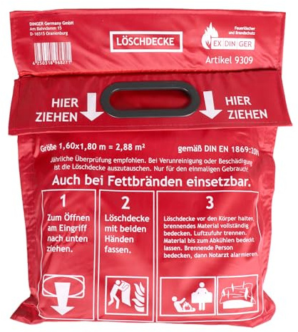 Löschdecke 1,60 x 1,80 m in Tasche zum Aufhängen mit Grifftaschen zur sicheren Handhabung