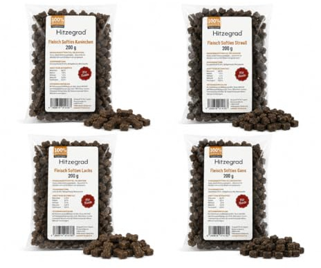 Hitzegrad Fleisch Softies Trainingsleckerli für Hunde, Kaninchen, Strauß, Lachs, Gans, 4er Pack (4 x 200 g)