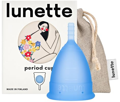 Lunette Menstruationstasse Wiederverwendbare Periodentasse mit 12 Stunden Komfort – Weiches Medizinisches Silikon, Tampon-Alternative für 10 Jahre, Größe 2 Blau