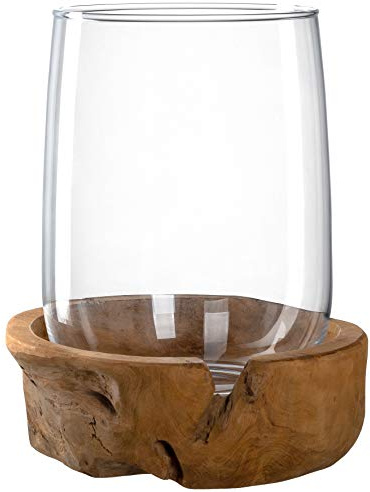 Leonardo Terra Windlicht mit Teakholz Sockel, handgefertigter Kerzenhalter, Teelicht Vase aus Klarglas, Höhe 27 cm, Durchmesser 23 cm, 084409