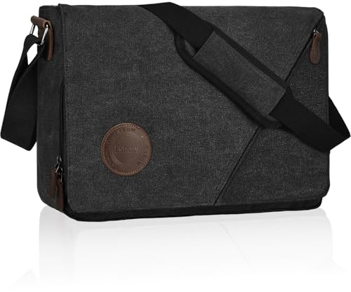 Eshow Umhängetasche Herren 14 Zoll Wasserabweisend, Laptoptasche Messenger Bag aus Echtleder und Canvas, Arbeitstasche Schultertasche Vintage für Arbeit Uni Freizeit Büro Schwarz