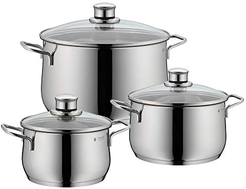 WMF Diadem Plus Topfset Induktion 3-teilig, Kochtopf Set mit Glasdeckel, Cromargan Edelstahl poliert, Induktions Töpfe Set unbeschichtet