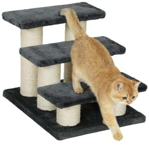 PawHut Tiertreppe Katzentreppe 3 Stufen Hundetreppe Treppe für Katze und Hunde Plüsch Dunkelgrau 45 x 35 x 34 cm
