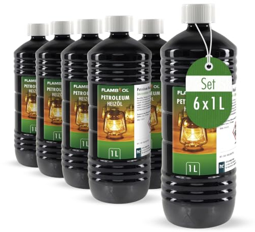 Höfer Chemie FLAMBIOL Gereinigtes Petroleum 6 x 1 L Heizöl | Entaromatisierte Qualität - Für Campingheizung, Petroleumlampe & Grillanzünder - Rußfreie Verbrennung