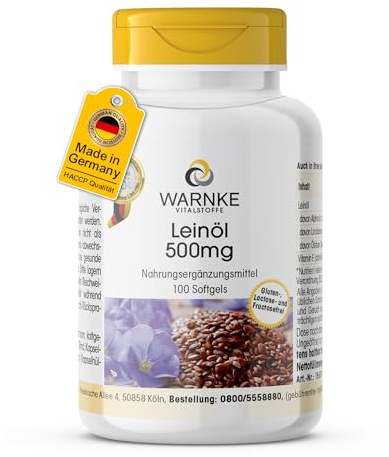 Leinöl Kapseln - pflanzliche Omega 3-6-9 Kapseln - 100 Softgels - schluckfreundlich - hochdosiert - Flaxseed Oil 500mg | Warnke Vitalstoffe - Deutsche Apothekenqualität