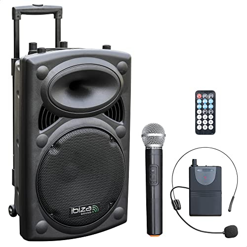 Ibiza PORT12VHF-BT 12/30 cm tragbarer, akkubetriebener BT-PA-Lautsprecher – 700W Max /350W RMS – Karaoke mit 2 VHF-Mikro im Lieferumfang (Hand + Headset) – TWS – USB, SD, Rec, VOX – Trolley