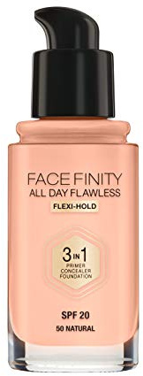 MAX FACTOR - Facefinity All Day Flawless Foundation - 3-in-1 Concealer, Liquid Foundation & Face Primer - Up To 30hr Wear - Flawless Airbrush Finish, SPF 20, Vegan - C50 Natural Rose - 30ml