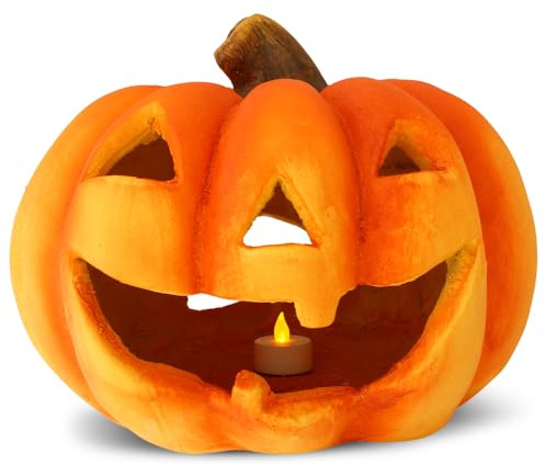 XXL Kürbis-Laterne als Halloween-Deko LED Windlicht in 27x23 cm - Großer Jack-O-Lantern Deko-Kürbis als gruselige Wohnzimmer-Deko - Teelicht-Halter als Herbst-Deko innen und Draußen im Garten