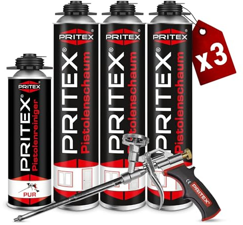 PRITEX – Bauschaum Set 3 x 750 ml Pistolenschaum inkl. Pistolenreiniger 500 ml und Schaumpistole – Montageschaum zum Verfüllen, Dämmen & Abdichten – PU-Schaum mit hervorragender Schall- & Wärmedämmung