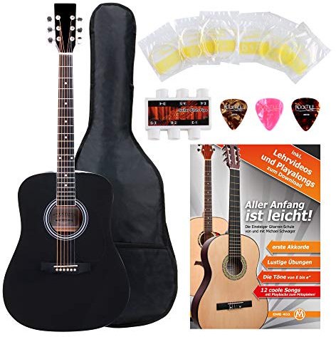 Classic Cantabile Westerngitarre Starter-Set inkl. 5-teiligem Zubehörset | Dreadnought-Style, 6-Saiter, 20 Bünde, Bundstege: Neusilber, Decke, Boden, Zargen: Linde laminiert, Griffbrett, Steg: Ahorn