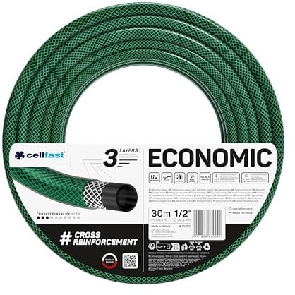 CELLFAST Gartenschlauch 3 Lagiger Wasserschlauch Aus Polyesterkreuzgewebe Für Garten Flexibler Bewässerungsschlauch UV Beständig Anti Algen 20 Bar 1 2 Zoll 30 Meter Economic