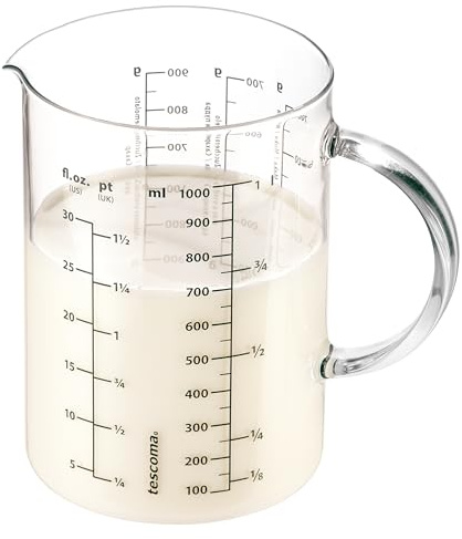 Tescoma Messbecher Glas 1l aus hitzebeständigem Borosilikatglas DELICIA | Großer Glas Messbecher mit Griff und Ausgießer, geeignet für Mikrowelle, Elektro-, Gasherd und Kühlschrank