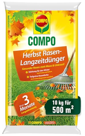 Herbstrasendünger mit Kalium - 10kg für 500m² - Stärkt den Rasen für den Winter - 3 Monate Langzeitwirkung – Gesunder Rasen statt Moos und Unkraut - Streuwagen geeignet 10kg