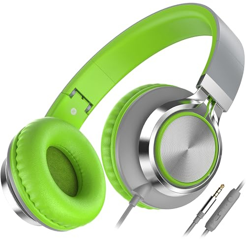 AILIHEN C8 Kopfhörer mit Kabel Mikrofon und Lautstärkeregler Faltbar 3,5mm Headsets On-Ear für Smartphones PC Laptop (Grau Grün)