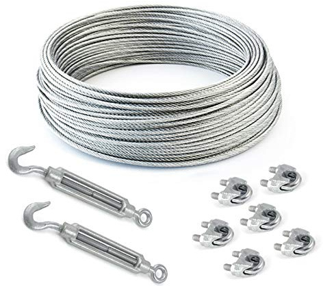 50m DRAHTSEIL SET 4mm 6x7+FC + 6x SEILKLEMMEN 5mm DIN 741 + 2x SPANNSCHLOSS M5 HAKEN - ÖSE Stahl verzinkt Stahlseil Forstseil Windenseil Drahtseilklemme Klemme Anschlagseil Seilspanner Spanner