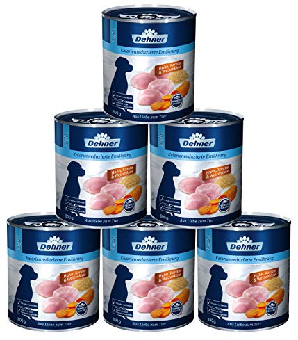 Dehner Premium Hundefutter Light, Nassfutter fettreduziert, für übergewichtige Hunde, Huhn / Karotte, 6 x 800 g Dose (4.8 kg)