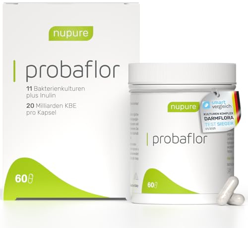 Nupure® Probaflor mit 345 Mrd KBE/g*, mit 11 Spezielle Bakterienstämme, Mit Inulin und Lactobacillus salivarius SP2, Besser geschützt dank Spezialdose, 60 Vegan Kapseln