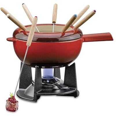 Spring Gusseisen Fondue Set rot | Ø 20 cm | mit 8 Fonduegabeln und Spritzschutz | für Käsefondue, Fleischfondue | Rechaud Brenner
