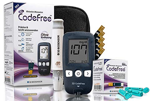 SD CodeFree Vorteilspack Blutzuckermessgerät Set mit 60 Blutzuckerteststreifen 110 Blutlanzetten, Stechhilfe, Tagebuch, Etui - Sparpackung zur Diabetes-Kontrolle bei Blutzucker (Zucker-Krankheit)