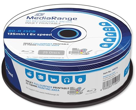 MediaRange BD-R 25GB 6-Fache Schreibgeschwindigkeit, Vollflächig bedruckbar, weiß, Cake 25, MR515
