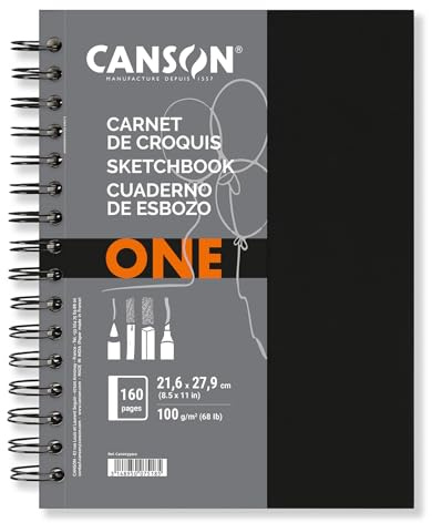CANSON Art Book One, Skizzenbuch, Leichte Körnung, 100g/m², an der langen Seite Spiralgebundenes Buch, Hardcover, 21,6 x 27,9 cm, Weiß, 80 Blatt