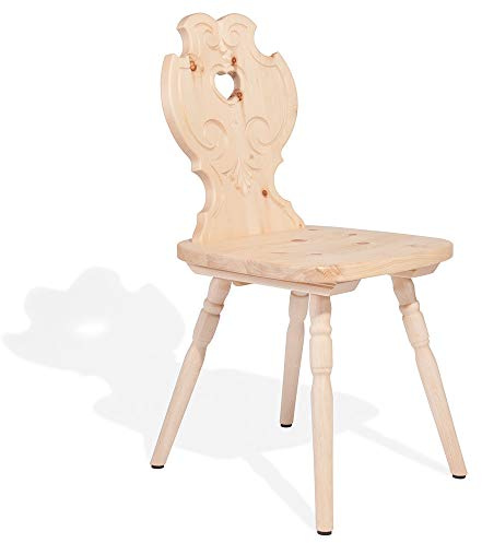 4betterdays Bauernstuhl Zirbenholz verziert, Sitzhöhe 45 cm | Zirbe unbehandelt, traditionelles Handwerk aus Südtirol, Höhe 86 cm, geschnitzte Rückenlehne, Massivholz, Herzausschnitt