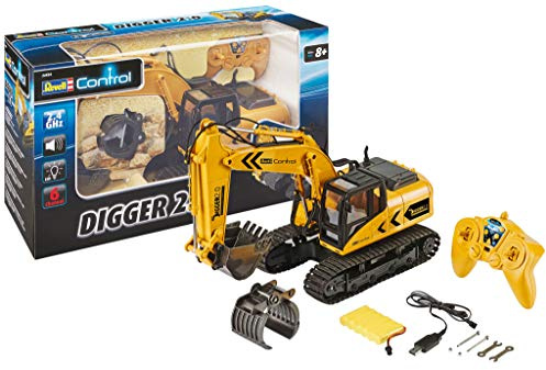 Revell Control 24924 RC Raupenbagger Digger 2.0, Kettenantrieb, wechselbare Schaufel und Baumgreifer, Outdoor-tauglich, Akku Ferngesteuerter Bagger, 2.4 GHz, gelb