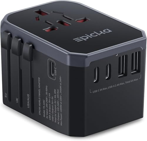 EPICKA Universal Reisestecker Adapter 30W mit 3 USB-C und 2 USB-A | Reiseadapter Weltweit,Internationaler Steckdosenadapter, Travel Adapter für Deutschland USA UK JP TH AU,TA-105C,Schwarz