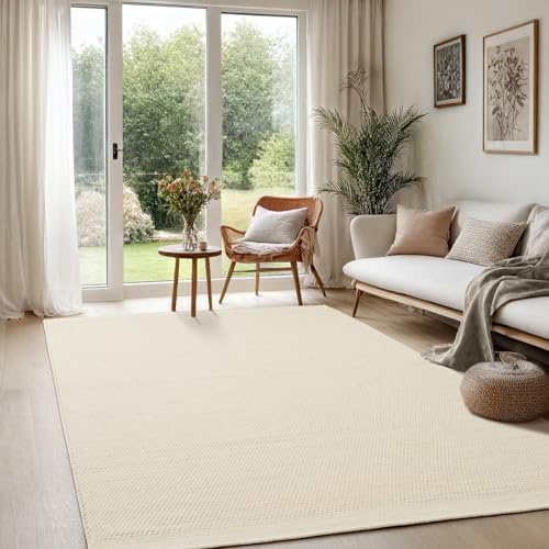 the carpet Deluxe Wool Handgewebter Wollteppich im natürlichen skandinavischen Boho-Look, Handarbeit für einen einzigartigen Stil, Creme, 160 x 230 cm
