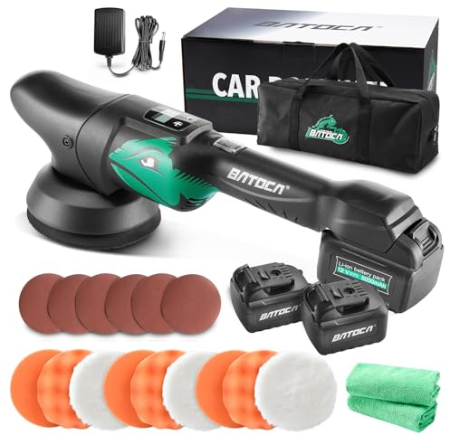 BATOCA S2 Auto Poliermaschine,5Ah Akku Polierer,LCD Geschwindigkeitsanzeige | 8mm Exzenter Orbital Puffer,Polierset mit 2 12V Akkus,Polieren Auto,2000-4500RPM,125mm Polierschwamm,Polnisch Schleifen