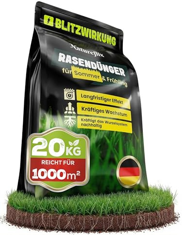 Natureflix Rasendünger 20kg für 1000m² | Langzeitdünger für dichten & sattgrünen Rasen | Premium Rasen Dünger für Frühjahr & Sommer Anwendung | Tierfreundlicher NPK Dünger
