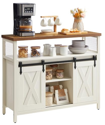 VASAGLE Sideboard, Küchenschrank, Aufbewahrungsschrank, mit 2 Schiebetüren, 33 x 100 x 80 cm, verstellbare Ablagen, für Wohnzimmer, wolkenweiß-honigbraun LSC092W01