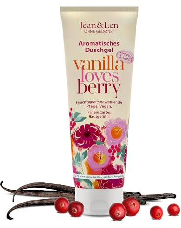 Jean & Len Duschgel Cranberry & Vanille, pH-hautideal, belebendes Duscherlebnis, mit Cranberry- und Vanille-Extrakt, für weiche Haut, veganes Duschgel, ohne Parabene & Silikone, 250 ml