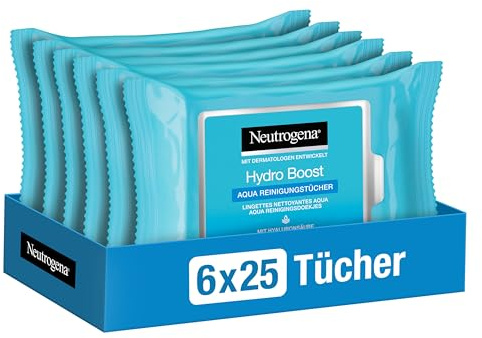 Neutrogena Hydro Boost Aqua Reinigungstücher pflegende Abschminktücher mit Hyaluronsäure auch bei empfindlicher & trockener Haut , 6 x 25 Stück
