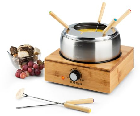 Klarstein Bambus Fondue, 800 Watt, Edelstahl-Topf, Gerätebasis aus Bambus, Füllmenge 1,3 Liter max., Heizplatte aus Edelstahl, Thermostat, Gabelhalter-Aufsatz, 6