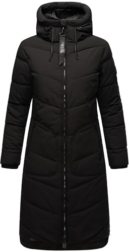 MARIKOO Damen langer Wintermantel Steppmantel mit Schlüsselanhänger Benikoo Black Gr. M