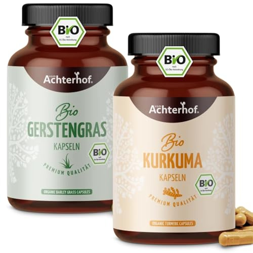 Bio Kurkuma Kapseln + Bio Gerstengras Kapseln | 2 x 180 Stück| Superfood Kapsel-Set | laborgeprüfte Qualität | abgefüllt in Deutschland | vegan | Achterhof