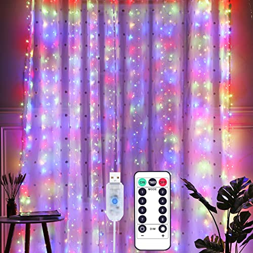 Yizhet LED Lichtervorhang 3x3m, 300 LEDs, Bunt | LED Lichterkette Vorhang, 8 Modi, IP65 Wasserdicht, Deko für Wohnzimmer, Hochzeit, Party, Weihnachten
