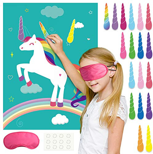 FEPITO Pin The Horn auf dem Einhorn Geburtstagsfeier Spiel, 24 Hörner, für Einhorn Partybedarf, Kinder Einhorn Geburtstags Party Zubehör