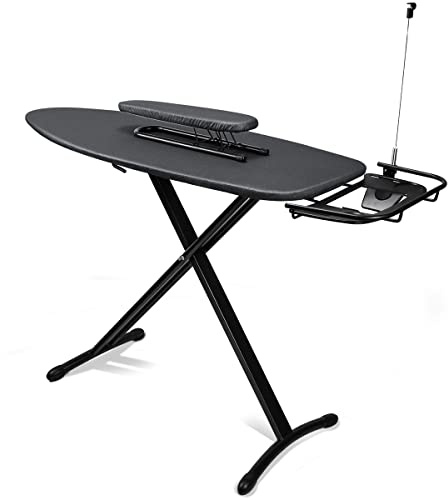 Duwee Bügelbrett mit Ausziehbare Bügeleisenablage mit Ärmelbrett, 122x46cm | Extra Breites Bügelbrett für Dampferzeuger, Großes Bügelbrett mit Stabilen Beinen, Höhenverstellbar, Schwarz