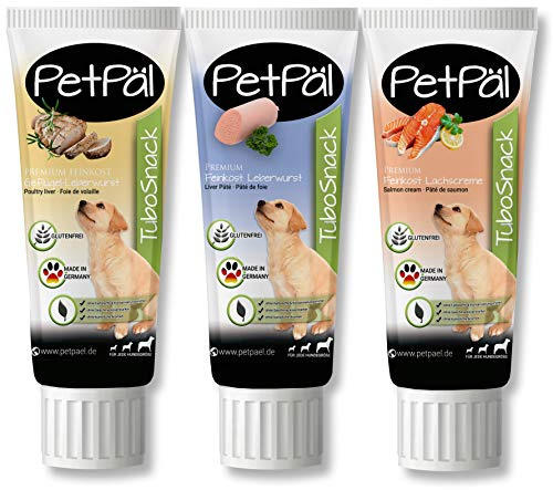 PetPäl Hunde Tuben Leckerlie “TuboSnack“ - Probierset Leber, Geflügel, Lachs - Ohne Getreide, Salz, Zucker - Premium Leckereien lecker, gesund - Ideal für Welpen - 3X 75g Hunde Snack Made in Germany