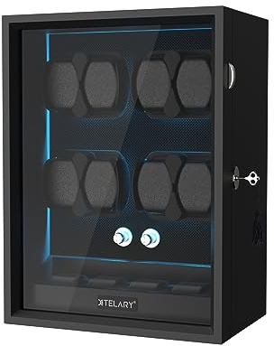 XTELARY Uhrenbeweger für 8 Automatikuhren, Abschließbarer Automatikbeweger mit Extra 6 Uhrenfächern, 4 Rotationsmodi, Leiser Mabuchi Motor und Blaue Hintergrundbeleuchtung,Black