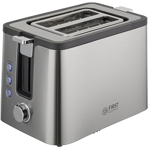 TZS First Austria - 2-Scheiben-Toaster - 800W - Auftau- & Aufwärmfunktion - 6 Bräunungsstufen - Brötchenaufsatz - Extra breite Schlitze - Selbstzentrierfunktion - Krümelschublade - Edelstahl