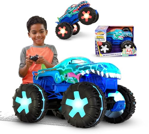 Hot Wheels Monster Trucks Ferngesteuertes Auto, Spielzeugtruck, übergroßer Mega-Wrex Alive im Maßstab 1:15 mit Fernbedienung, 3 ferngesteuerte Spielmodi mit interaktiven Lichtern und Geräuschen, JBD90