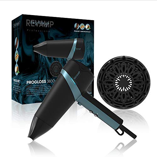 REVAMP Progloss Haartrockner Ionen 2300W - Leichter, tragbarer Föhn mit Glättungsdüse und Volumenaufsatz, Ionenfunktion und mit Progloss Ölen Keratin, Kokosnuss & Argan angereichert, schwarz/blau