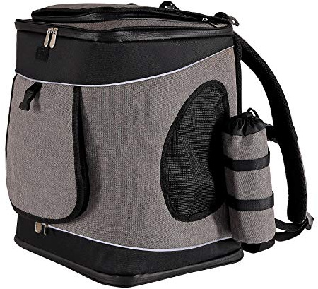 lionto Haustierrucksack, Faltbar, bis 10 kg, 34x30x42 cm, Schwarz/Grau | Robuster Oxford-Stoff & Netzgewebe, mit Flaschenhalter & Kissen, für kleine Hunde & Katzen, für Reisen & Tierarztbesuche