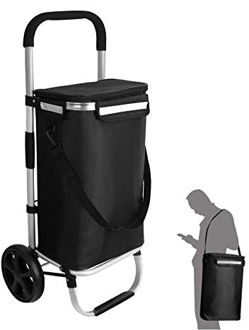 Ribelli Einkaufstrolley mit Kühlfach, Einkaufswagen Klappbar bis 45 kg, Hochwertiger Aluminium Rahmen, Einkaufsroller mit Seitentaschen, Abnehmbare Tasche als Tragetasche Nutzbar, Schwarz
