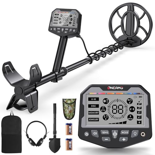 OneAmg Metalldetektor Profi, Metal Detector für Erwachsene & Kinder mit Pinpoint Metalldetektoren, 5 Modi IP68 Wasserdicht Suchspule Gold Detektor Set mit Kopfhörer, Digger Schaufel & Rucksäcke