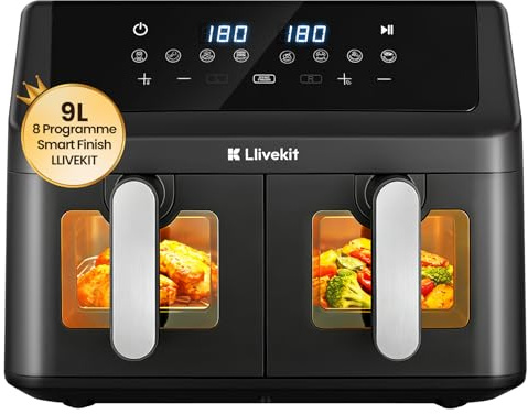 LLIVEKIT 9L Doppelkammer Heißluftfritteuse, 2x4,5L Airfryer 2 kammern | automatischer Abschaltung, 4D Umluft, 70% energiesparend, 8 Programme, Sync-Finish, spülmaschinenfest, PFOA-frei
